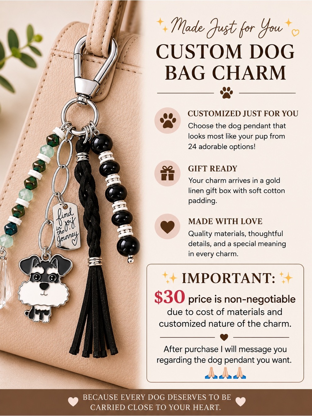 Hand Crafted TERRIER Bag Charm Key Ring w/“FIND JOY IN THE JOURNEY” - Picture 7 of 10